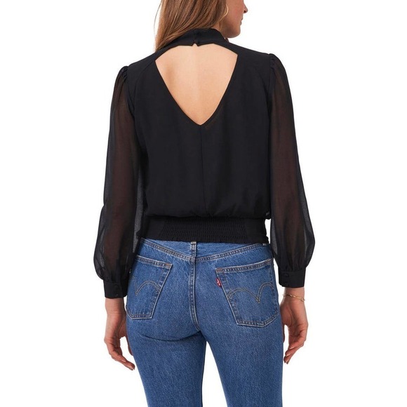 1.STATE Women's Black Crop Sheer Sleeve Blouse Size M NWOT - Picture 2 of 12